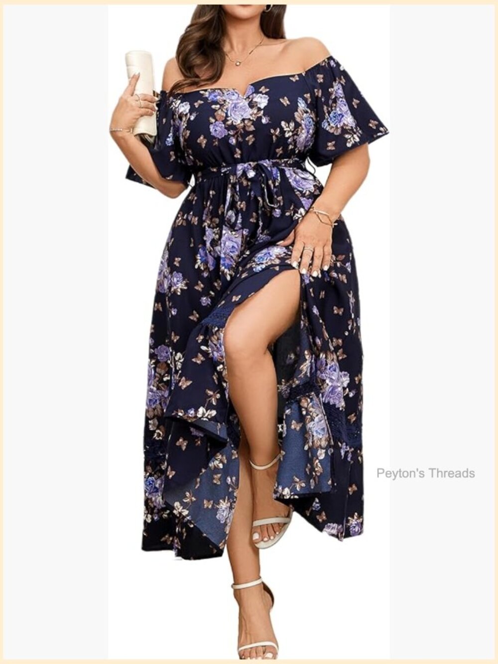 Off The Shoulder Plus Size Maxi Dress with Belt A-Line V-Neck